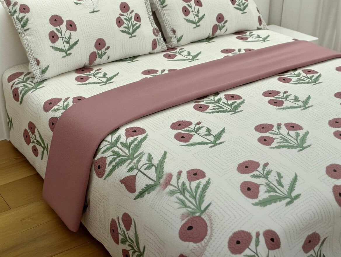 Premium King Size Jaipuri Hand Block Printed Kantha Work Cotton Bedsheet with 2 Designer Pillow Covers - Floral Poppy Motif, 108x108 Inches