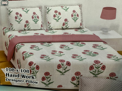 Premium King Size Jaipuri Hand Block Printed Kantha Work Cotton Bedsheet with 2 Designer Pillow Covers - Floral Poppy Motif, 108x108 Inches