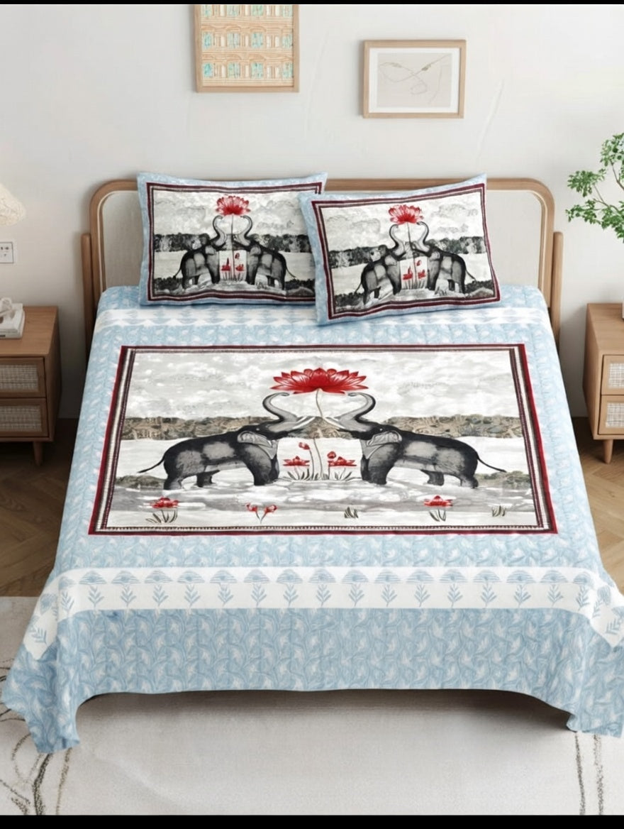 Jaipuri King Size Pure Cotton Bedsheet Set  Elegant Elephant & Red Lotus Print 100x108 Inches + 2 Pillow Covers